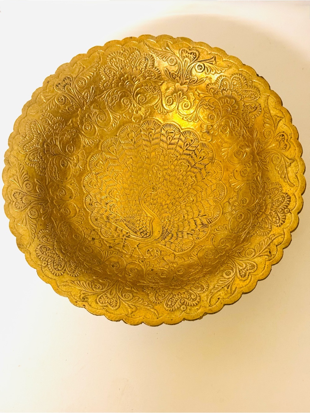Vintage Hand-Engraved Decorative Thick Brass Bowl - Gold Peacock Design